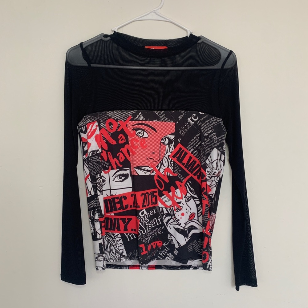black, (top) see through, (bottom) comic pattern long sleeve